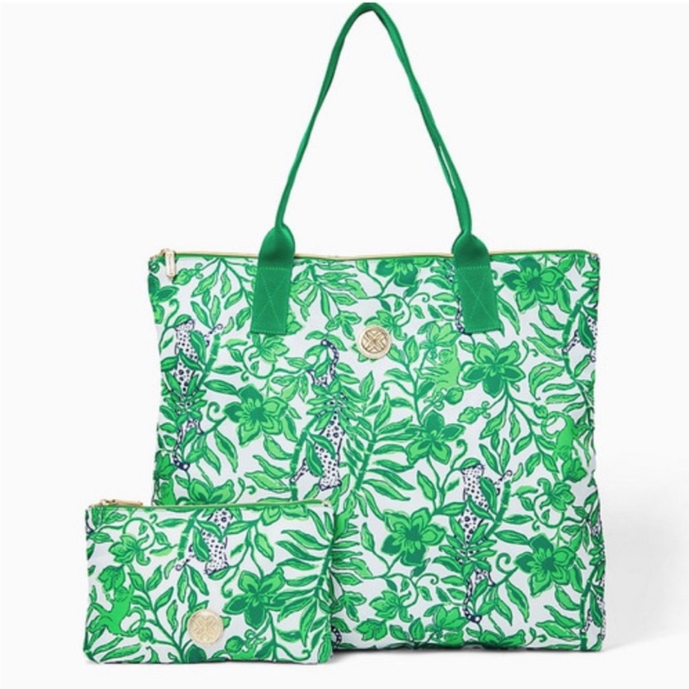 NWT Lilly Pulitzer Piper Packable Tote, Fiddle Leaf Green Floral Tote Bag Set